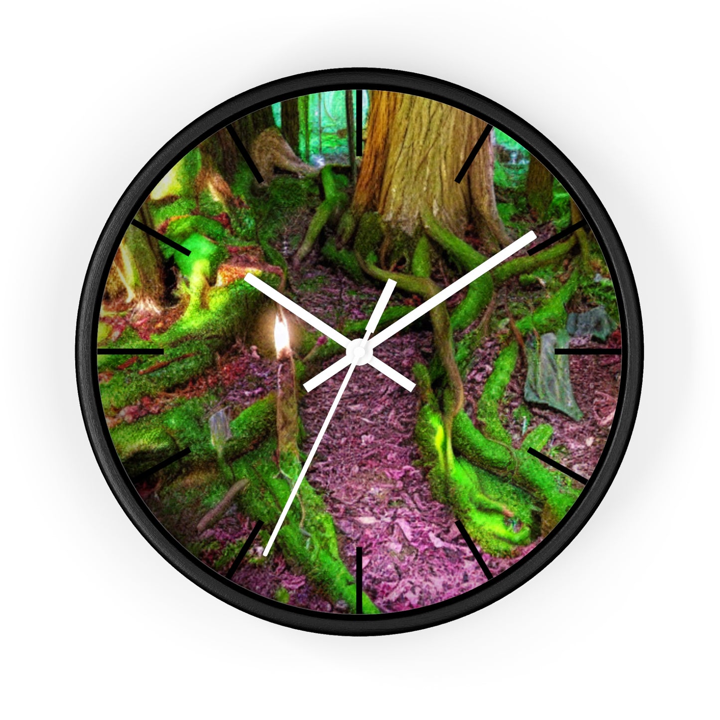 Enchanted Forest Wall Clock — Mossy Tree Roots with Candlelight