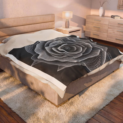 Velveteen Plush Blanket — Monochrome Geometric Rose Throw (Black & White Floral)