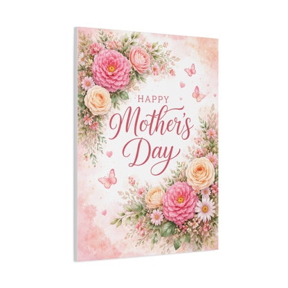 Mother's Day Canvas Wall Art - "Happy Mother's Day" Floral Stretched Matte Print