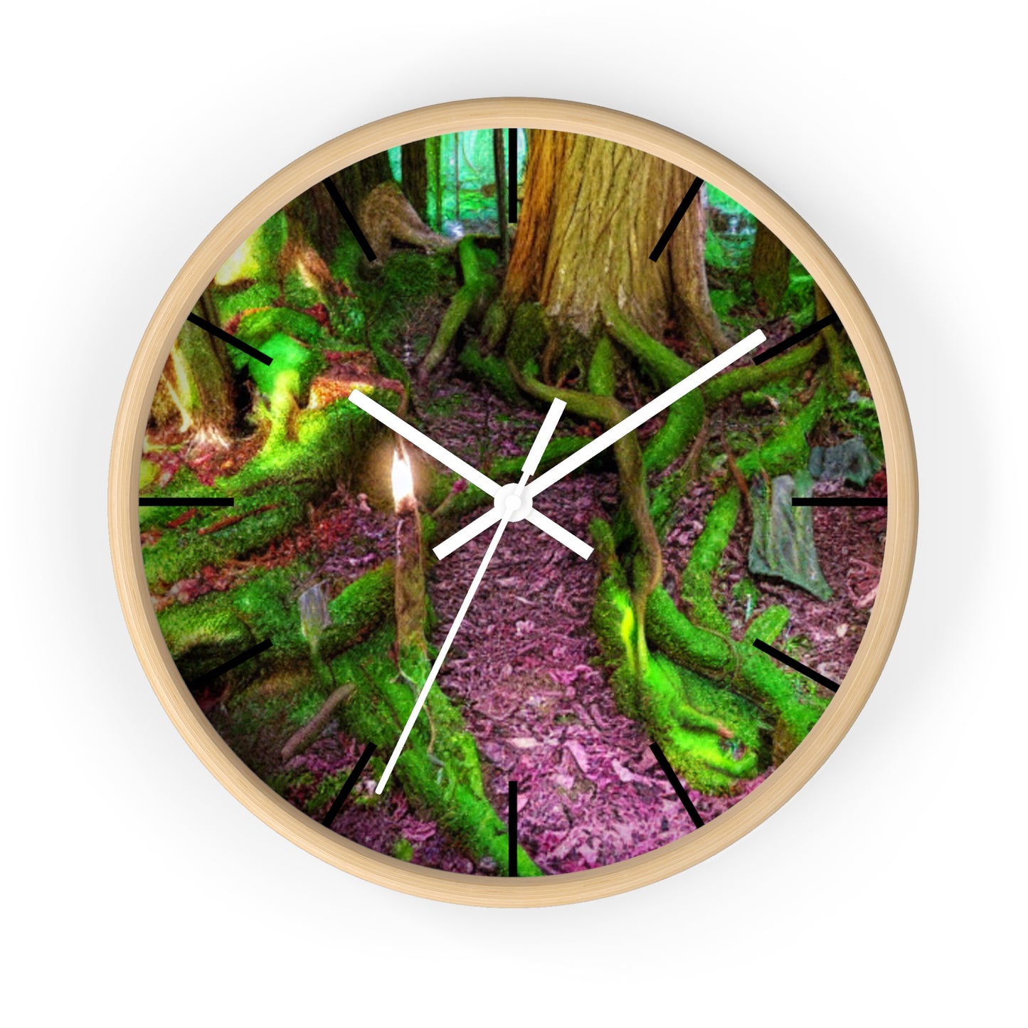 Enchanted Forest Wall Clock — Mossy Tree Roots with Candlelight