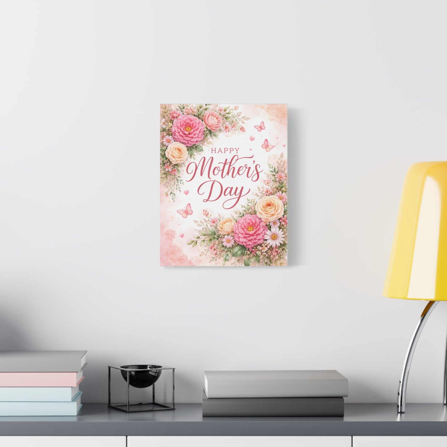 Mother's Day Canvas Wall Art - "Happy Mother's Day" Floral Stretched Matte Print