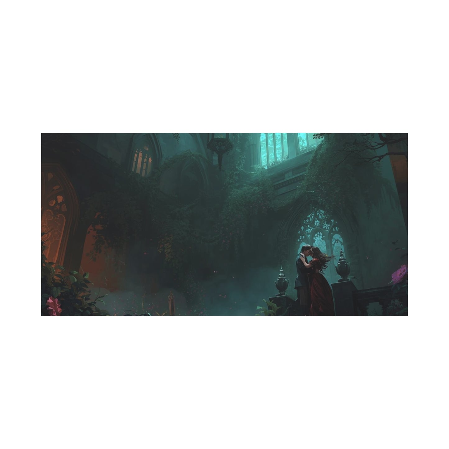 Gothic Romance Matte Canvas Wall Art — Enchanted Ruins with Lovers