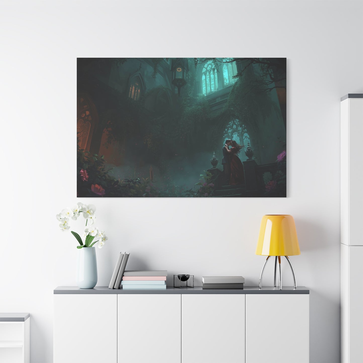Gothic Romance Matte Canvas Wall Art — Enchanted Ruins with Lovers