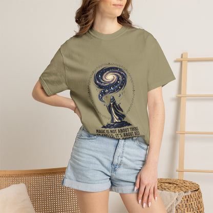 Magic Believe T‑Shirt — Wizard Gazing at Galaxy with "Magic is not about tricks or spells; it's about believing in the impossible" Quote
