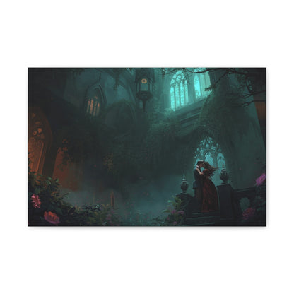 Gothic Romance Matte Canvas Wall Art — Enchanted Ruins with Lovers
