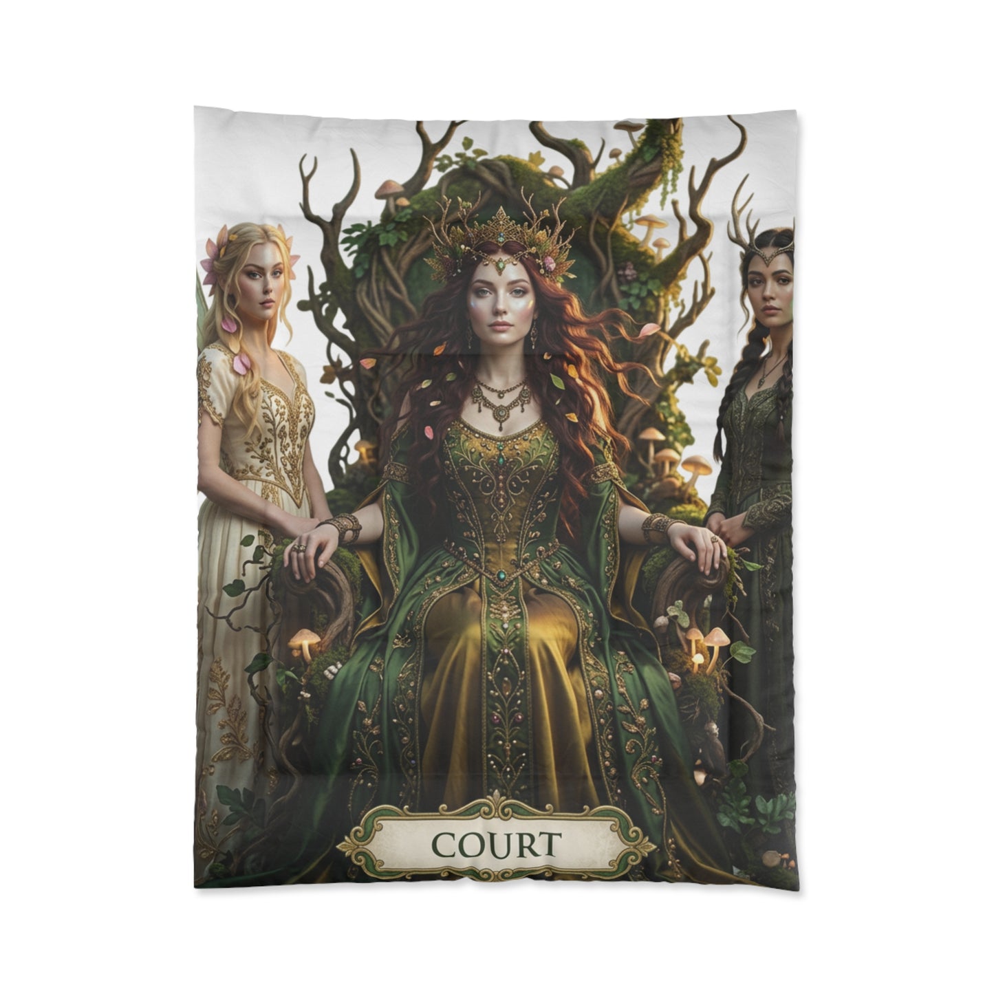 Court Goddess Comforter - Fantasy Medieval Green Queen Bedding