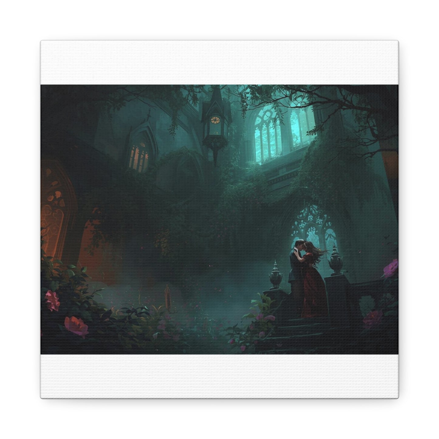 Gothic Romance Matte Canvas Wall Art — Enchanted Ruins with Lovers