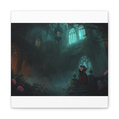 Gothic Romance Matte Canvas Wall Art — Enchanted Ruins with Lovers