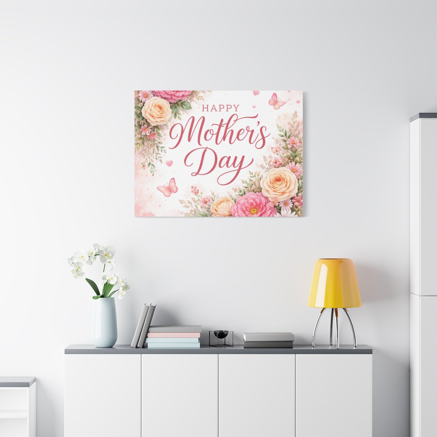 Mother's Day Canvas Wall Art - "Happy Mother's Day" Floral Stretched Matte Print