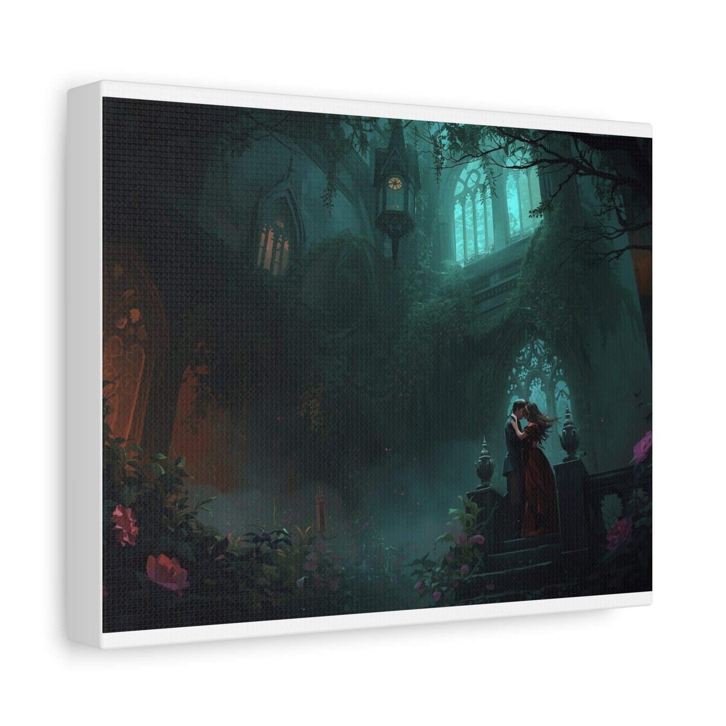 Gothic Romance Matte Canvas Wall Art — Enchanted Ruins with Lovers