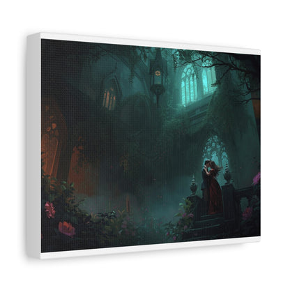 Gothic Romance Matte Canvas Wall Art — Enchanted Ruins with Lovers