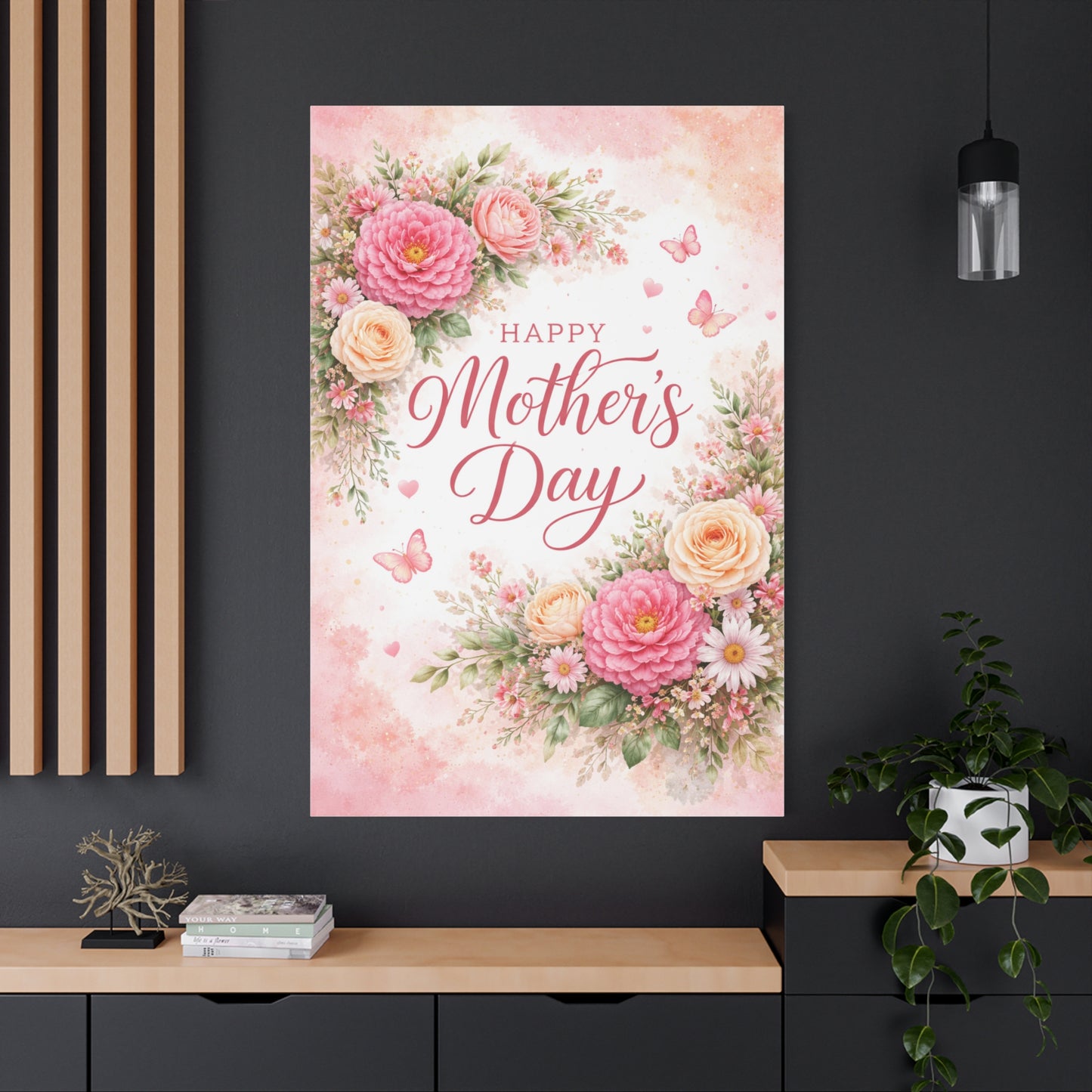 Mother's Day Canvas Wall Art - "Happy Mother's Day" Floral Stretched Matte Print