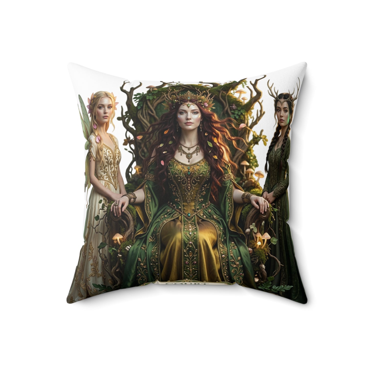 Celtic Triple Goddess Decorative Pillow — Green Goddess Fantasy Throw Pillow