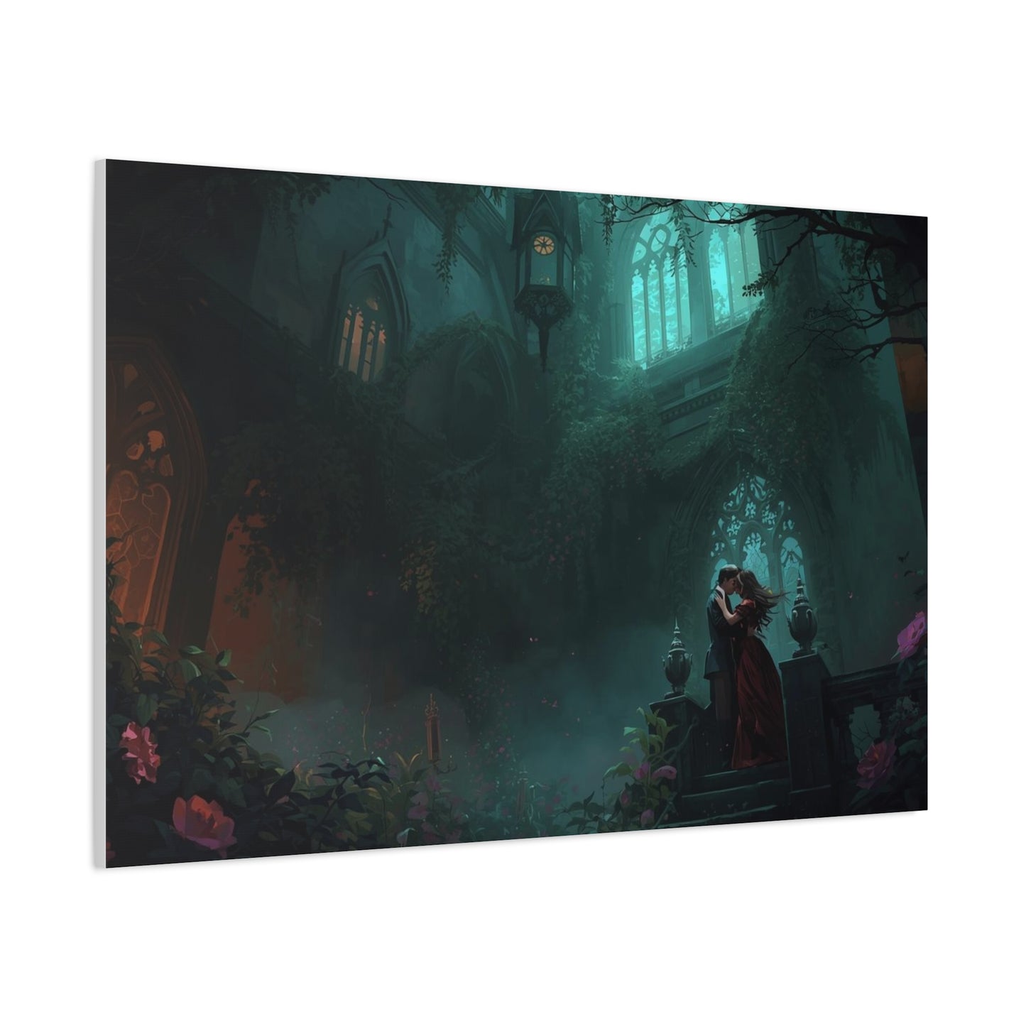 Gothic Romance Matte Canvas Wall Art — Enchanted Ruins with Lovers
