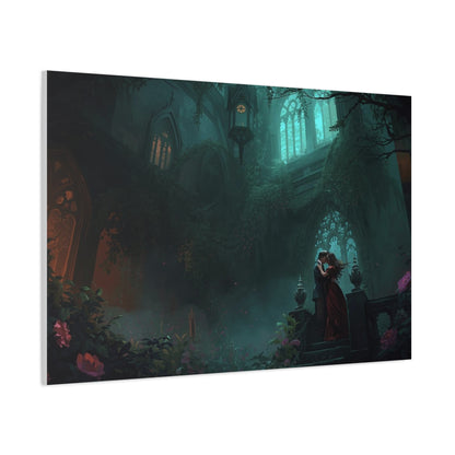 Gothic Romance Matte Canvas Wall Art — Enchanted Ruins with Lovers