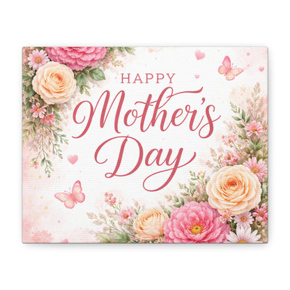 Mother's Day Canvas Wall Art - "Happy Mother's Day" Floral Stretched Matte Print