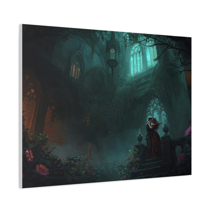 Gothic Romance Matte Canvas Wall Art — Enchanted Ruins with Lovers
