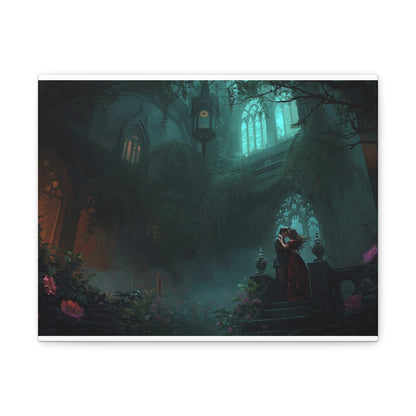 Gothic Romance Matte Canvas Wall Art — Enchanted Ruins with Lovers