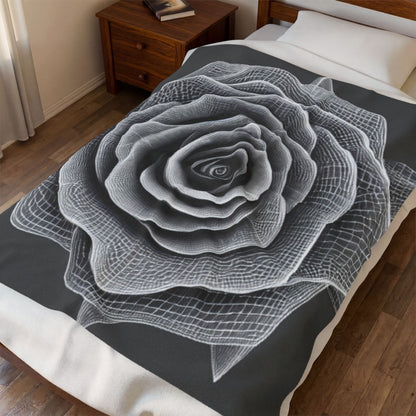 Velveteen Plush Blanket — Monochrome Geometric Rose Throw (Black & White Floral)