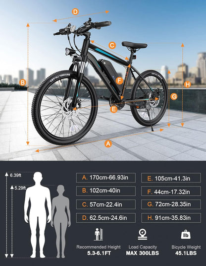Electric Bike for Adults, 26" Ebike with Peak 500W Brushless Motor, Electric Mountain Bike with 374Wh Removable Battery, 50 Miles Electric Bicycle with Suspension Fork, 21 Speed, LCD Display.