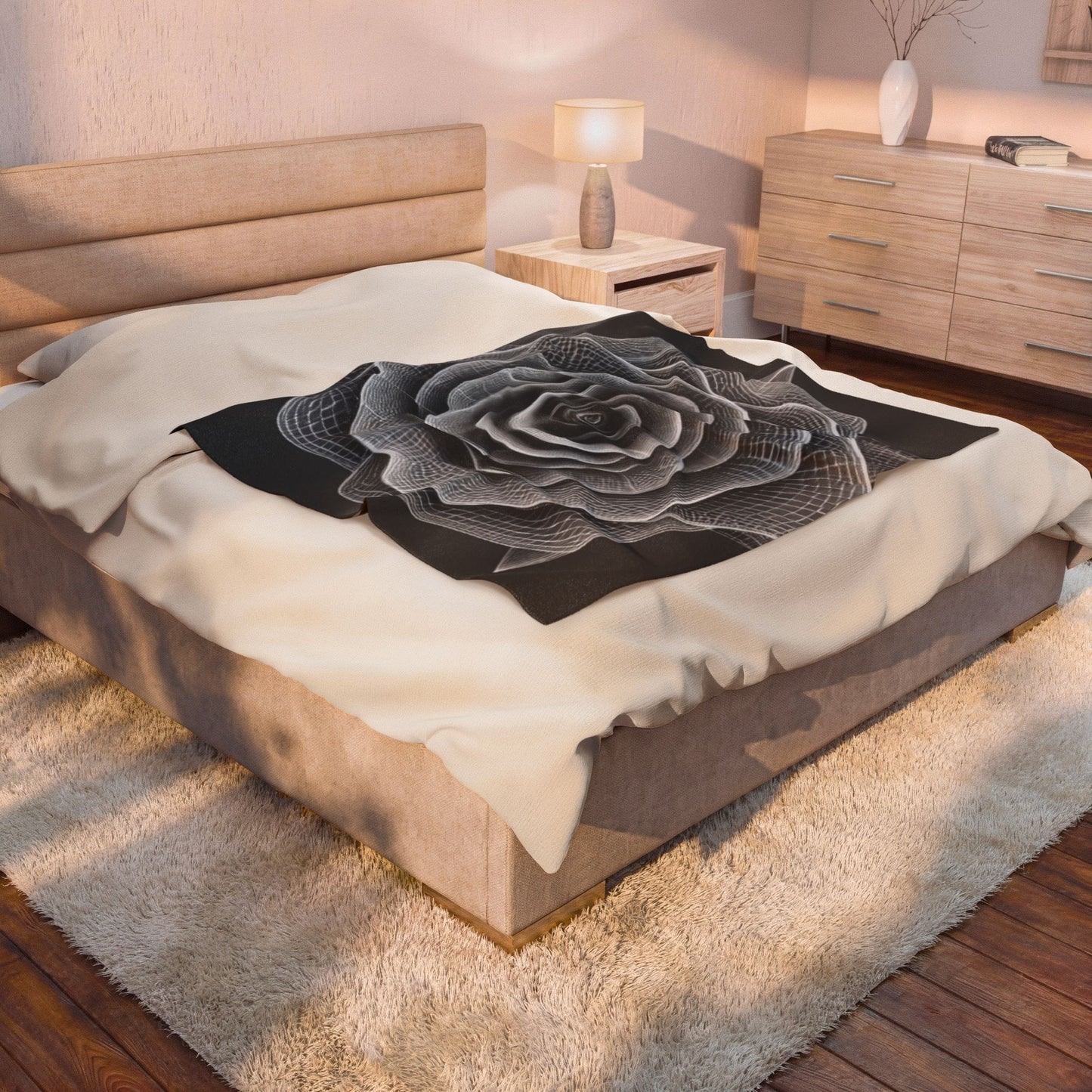 Velveteen Plush Blanket — Monochrome Geometric Rose Throw (Black & White Floral)