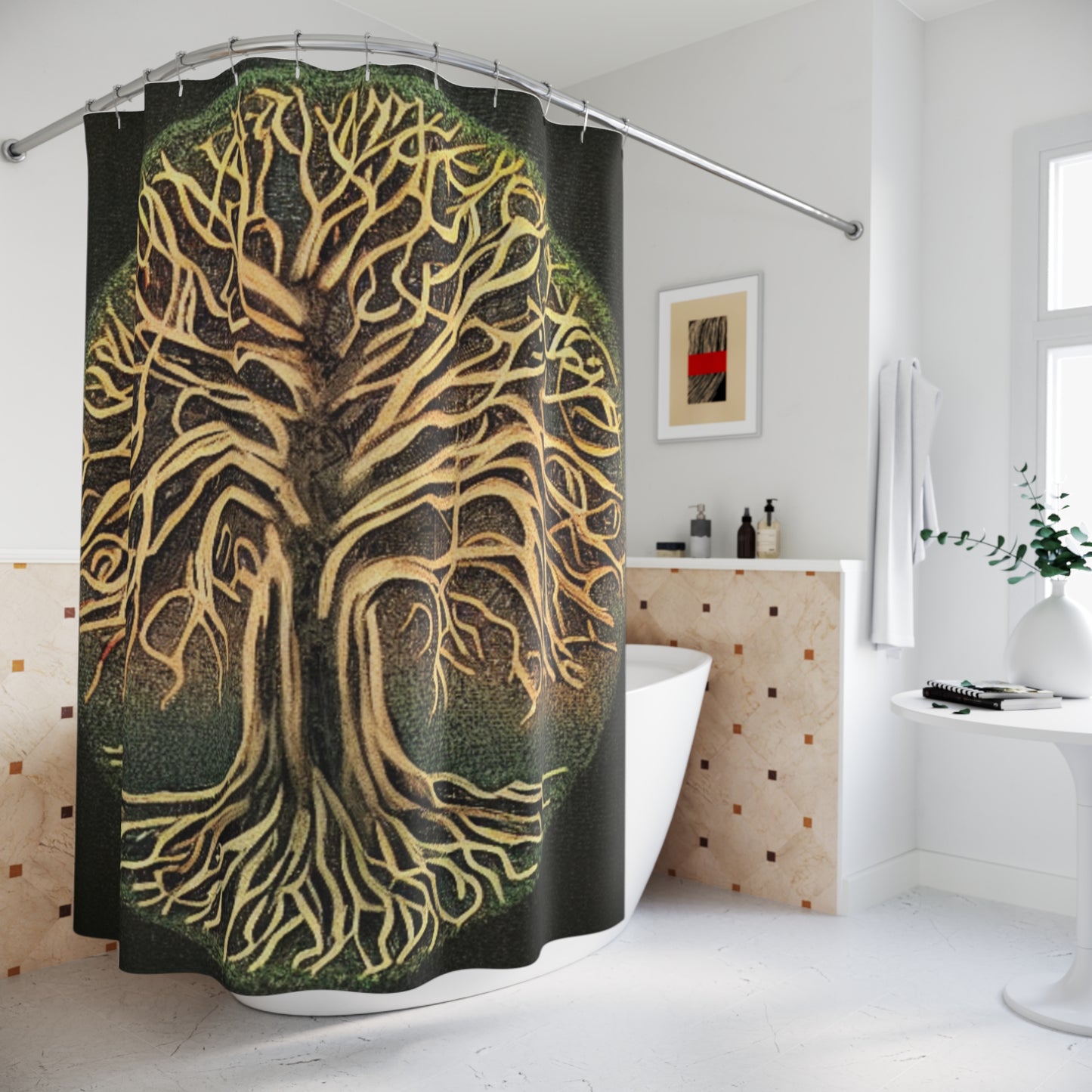 Tree of Life Shower Curtain — Gold Botanical Woodland Bathroom Decor