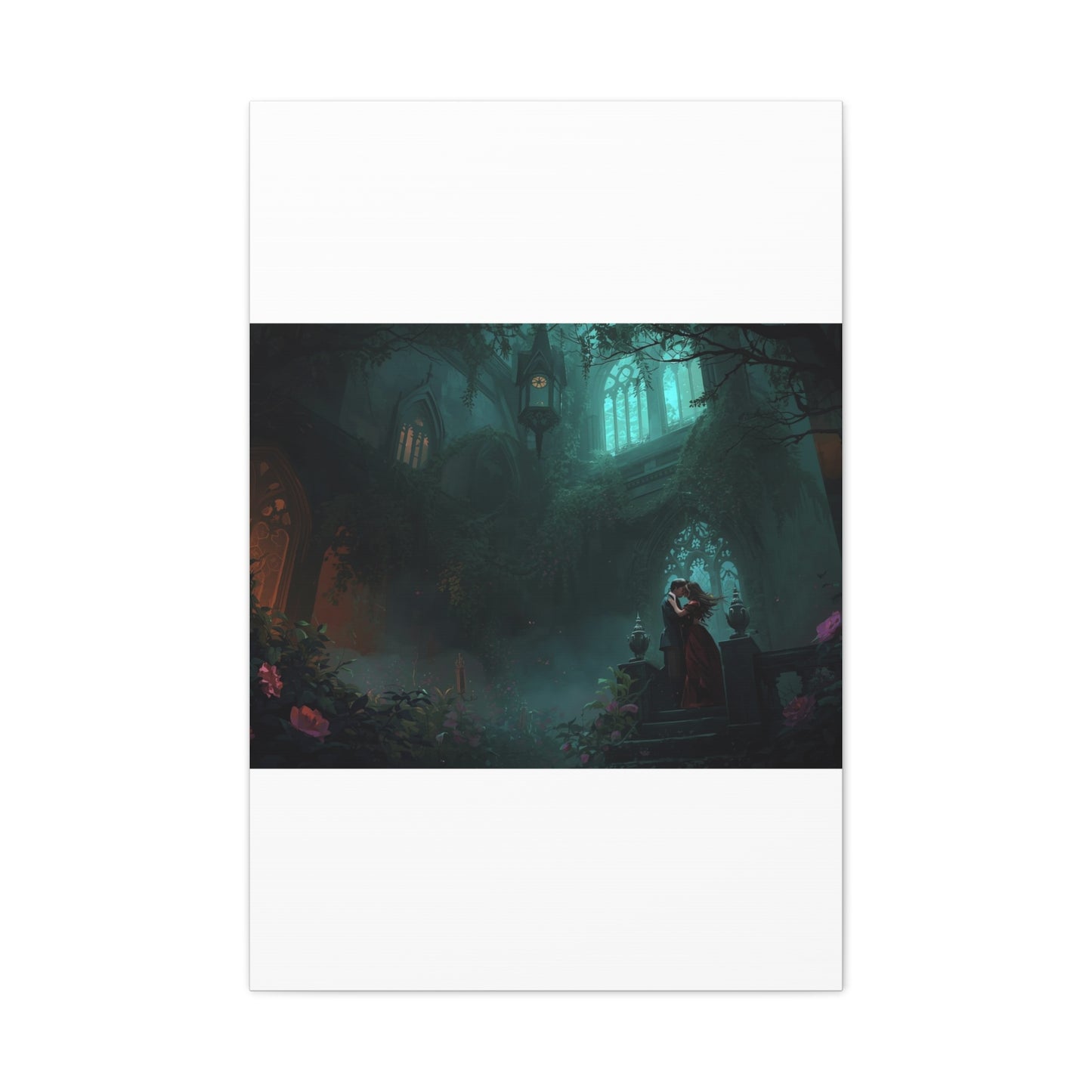 Gothic Romance Matte Canvas Wall Art — Enchanted Ruins with Lovers