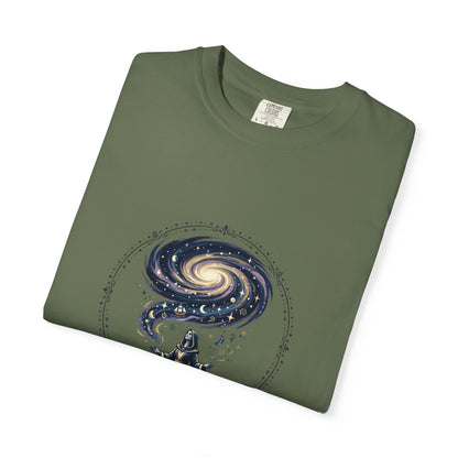 Magic Believe T‑Shirt — Wizard Gazing at Galaxy with "Magic is not about tricks or spells; it's about believing in the impossible" Quote