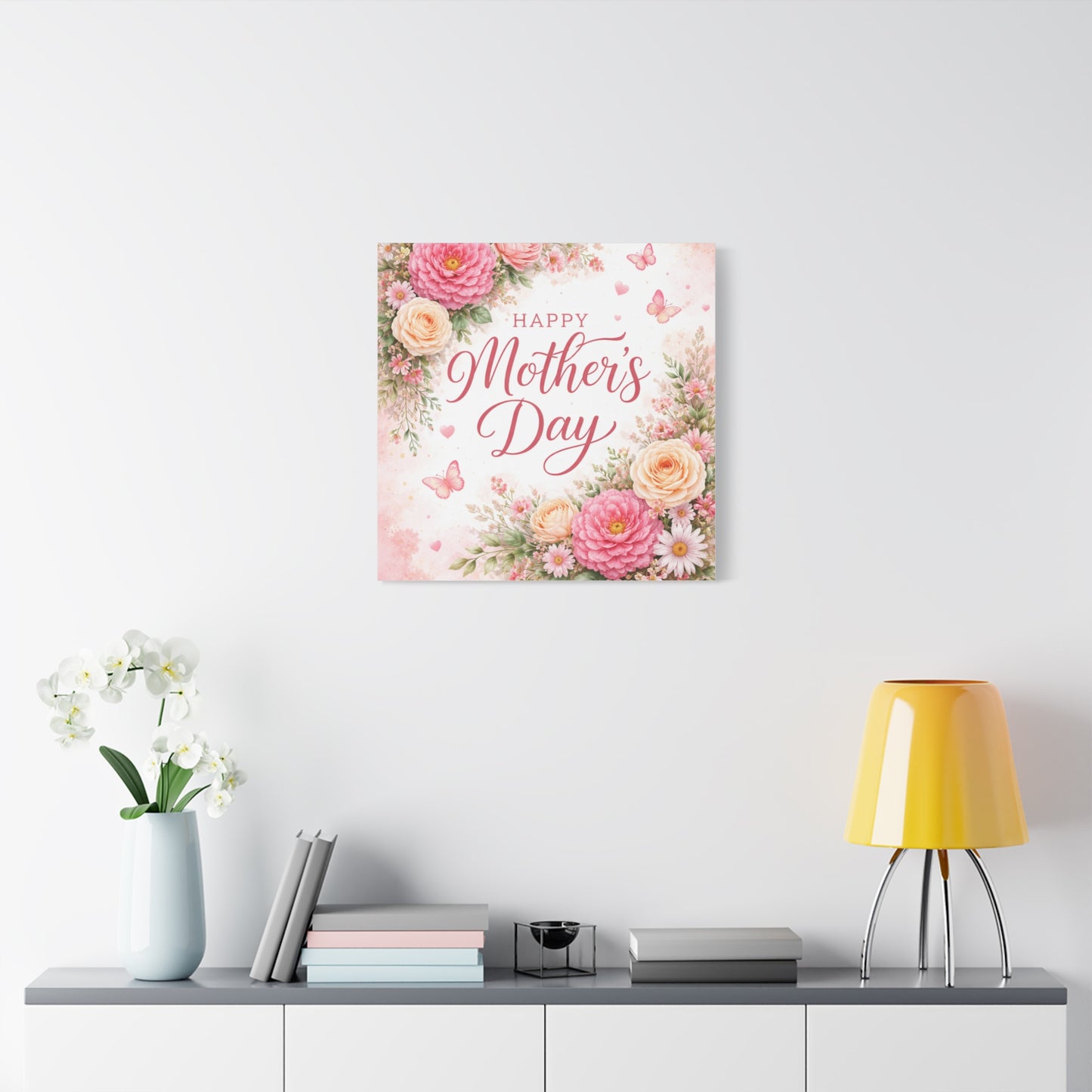 Mother's Day Canvas Wall Art - "Happy Mother's Day" Floral Stretched Matte Print