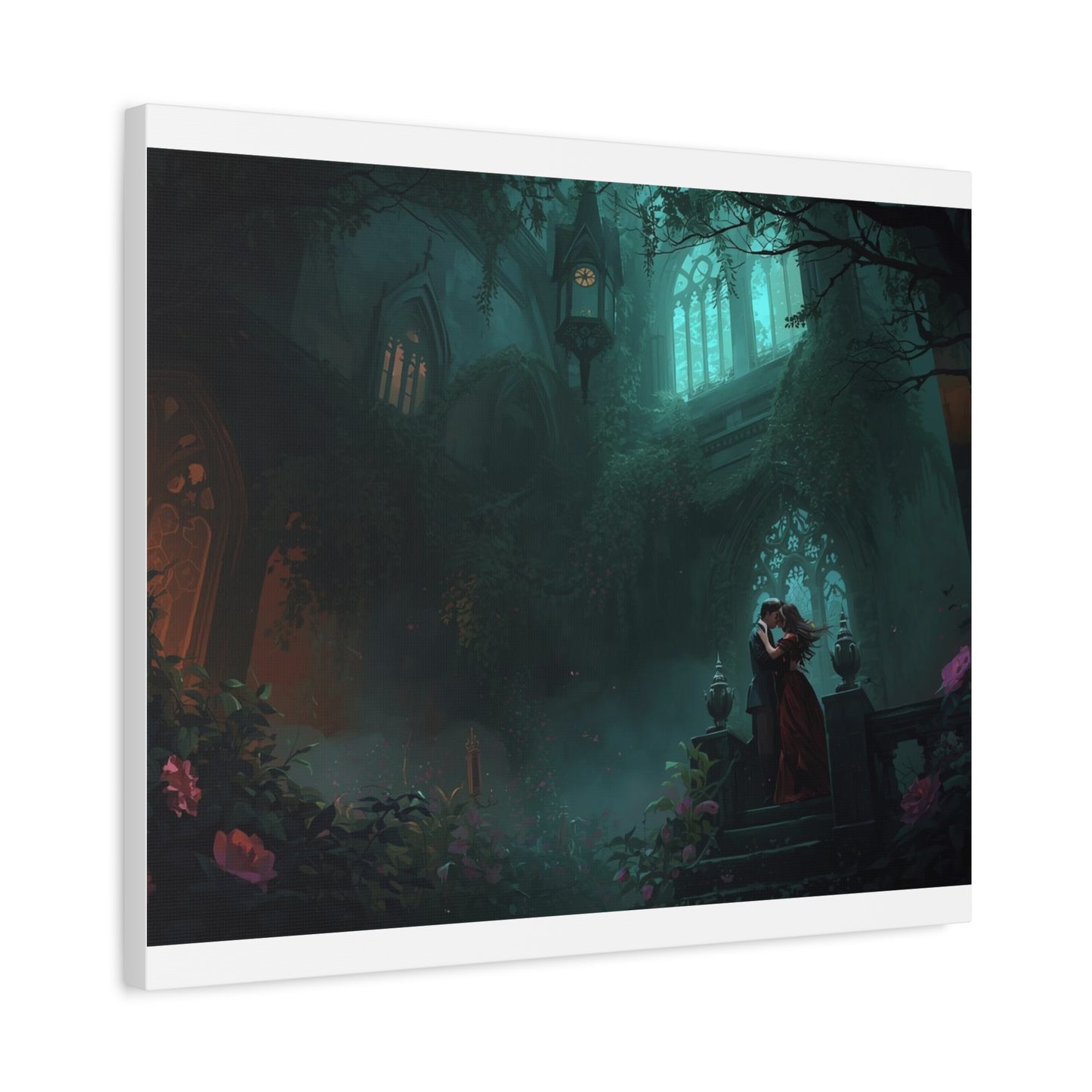 Gothic Romance Matte Canvas Wall Art — Enchanted Ruins with Lovers