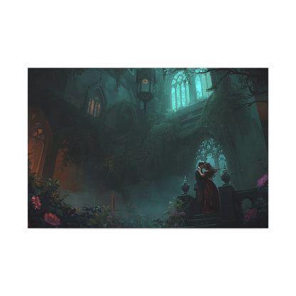 Gothic Romance Matte Canvas Wall Art — Enchanted Ruins with Lovers