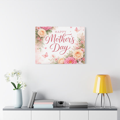 Mother's Day Canvas Wall Art - "Happy Mother's Day" Floral Stretched Matte Print