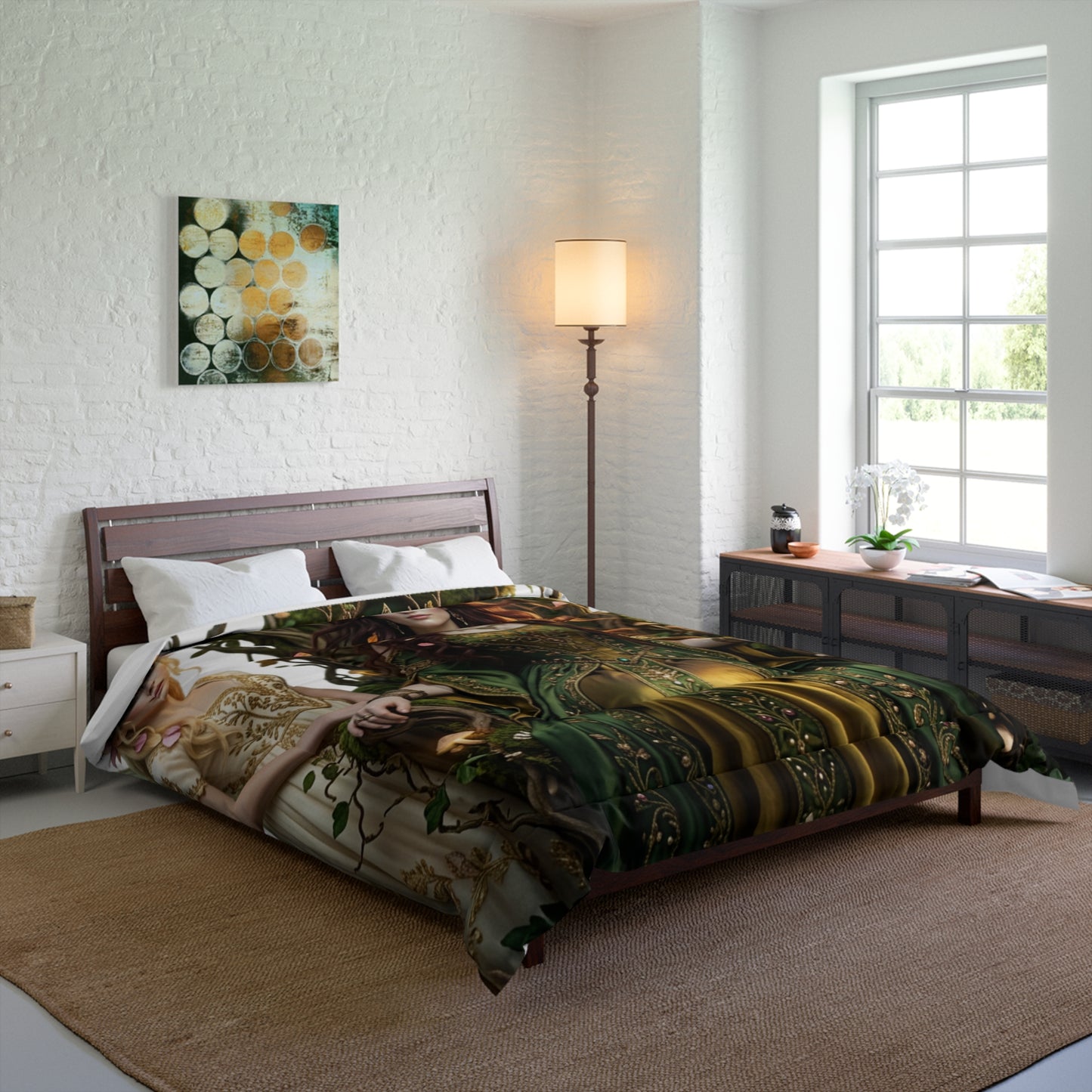 Court Goddess Comforter - Fantasy Medieval Green Queen Bedding
