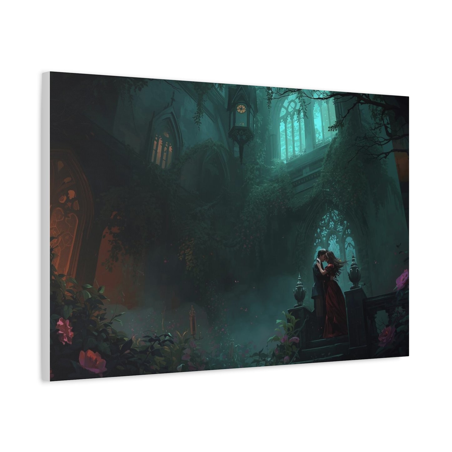 Gothic Romance Matte Canvas Wall Art — Enchanted Ruins with Lovers