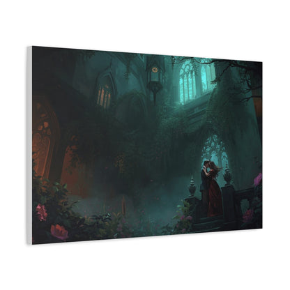 Gothic Romance Matte Canvas Wall Art — Enchanted Ruins with Lovers