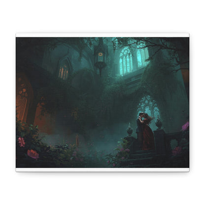 Gothic Romance Matte Canvas Wall Art — Enchanted Ruins with Lovers