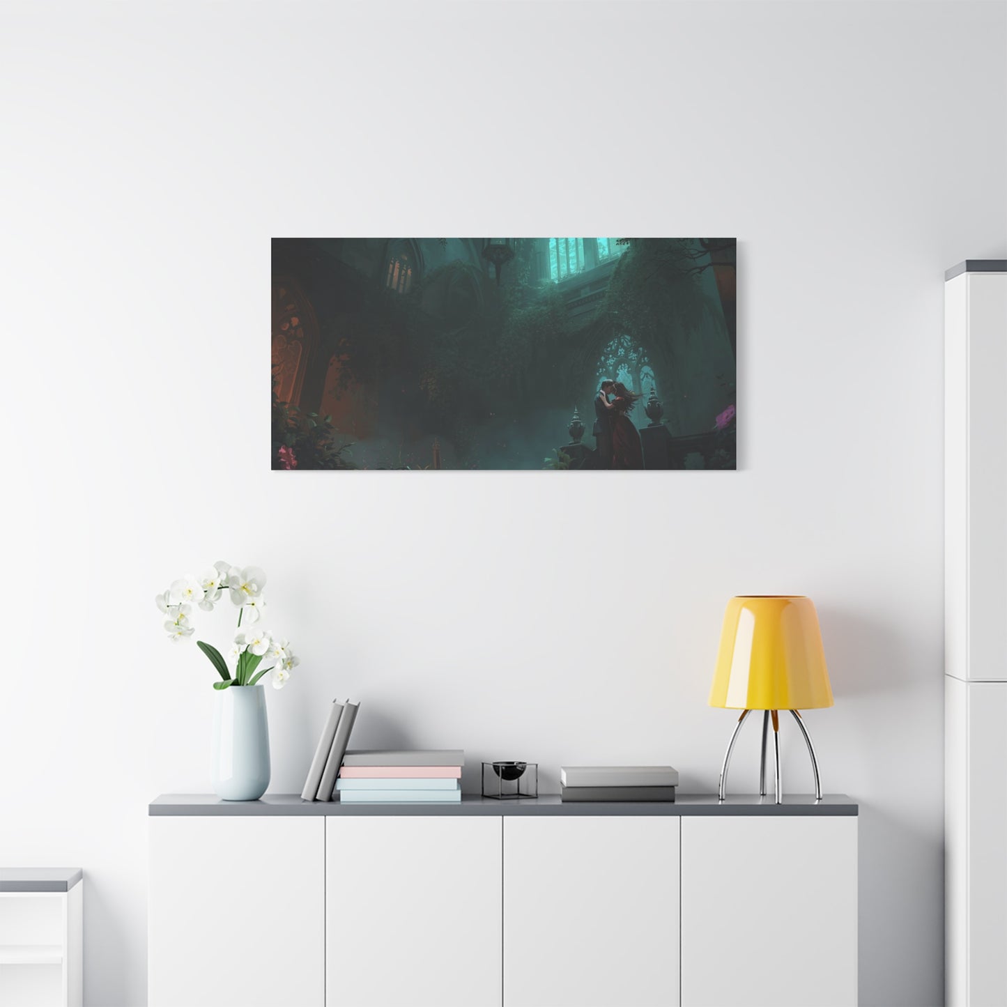 Gothic Romance Matte Canvas Wall Art — Enchanted Ruins with Lovers