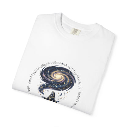 Magic Believe T‑Shirt — Wizard Gazing at Galaxy with "Magic is not about tricks or spells; it's about believing in the impossible" Quote
