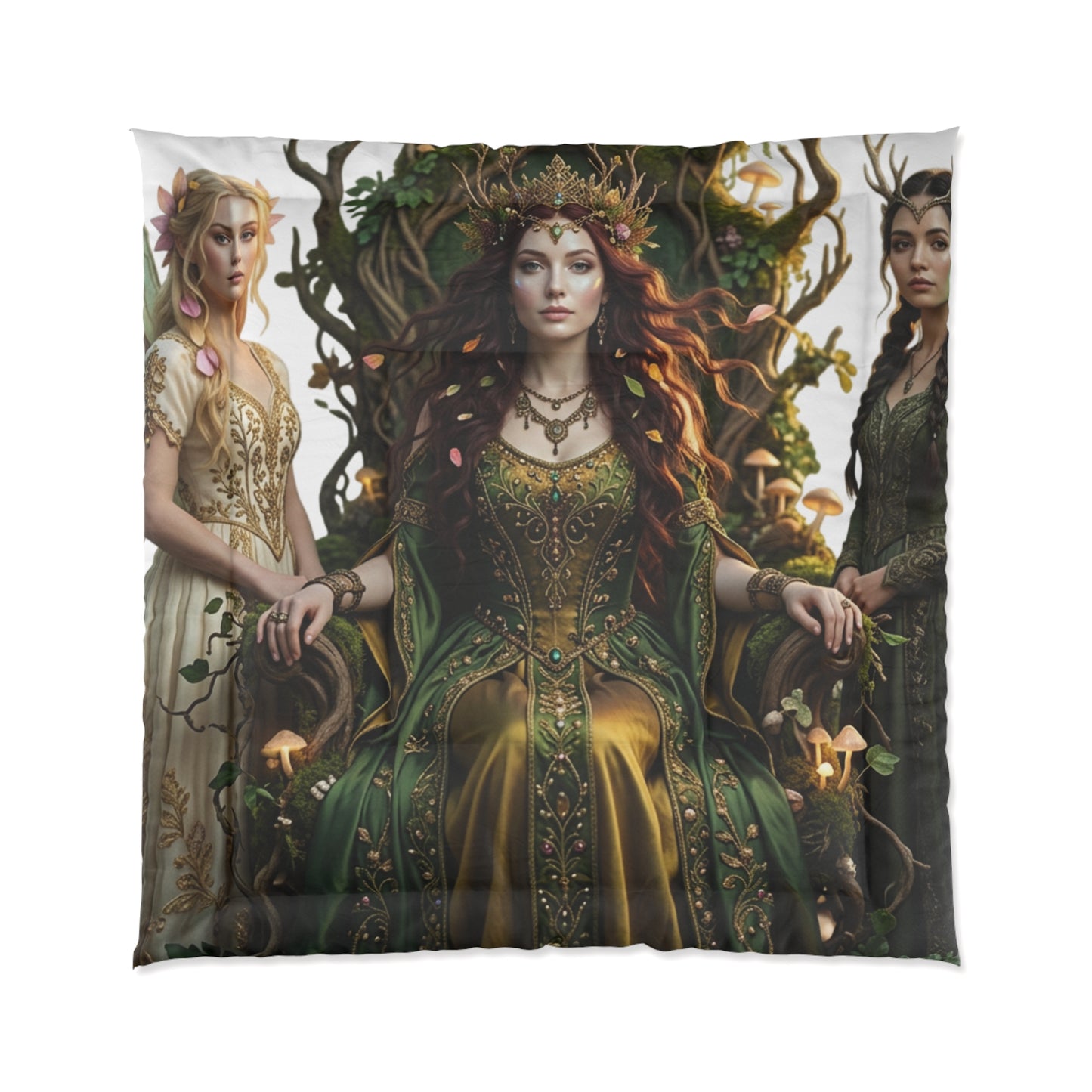 Court Goddess Comforter - Fantasy Medieval Green Queen Bedding