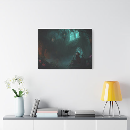 Gothic Romance Matte Canvas Wall Art — Enchanted Ruins with Lovers
