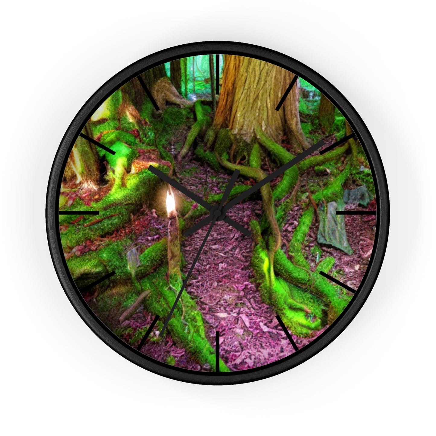 Enchanted Forest Wall Clock — Mossy Tree Roots with Candlelight