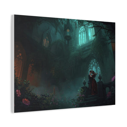 Gothic Romance Matte Canvas Wall Art — Enchanted Ruins with Lovers