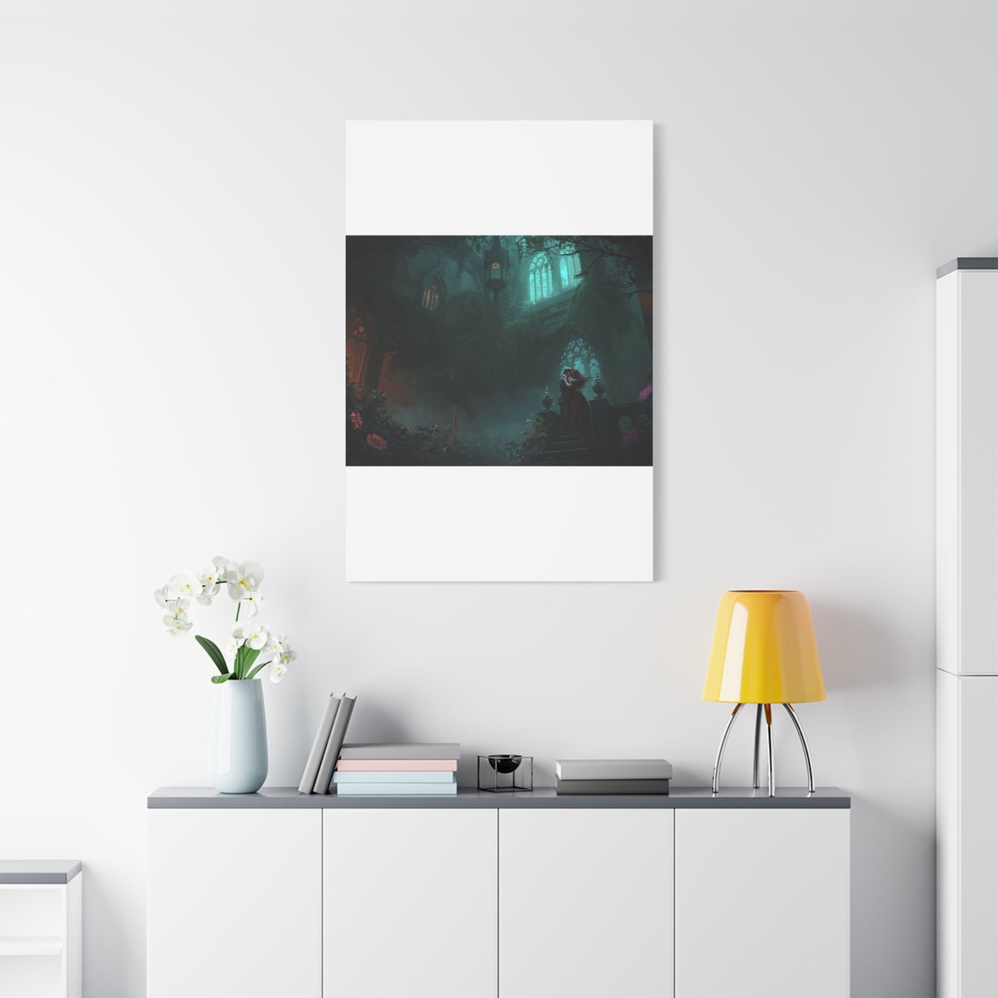 Gothic Romance Matte Canvas Wall Art — Enchanted Ruins with Lovers