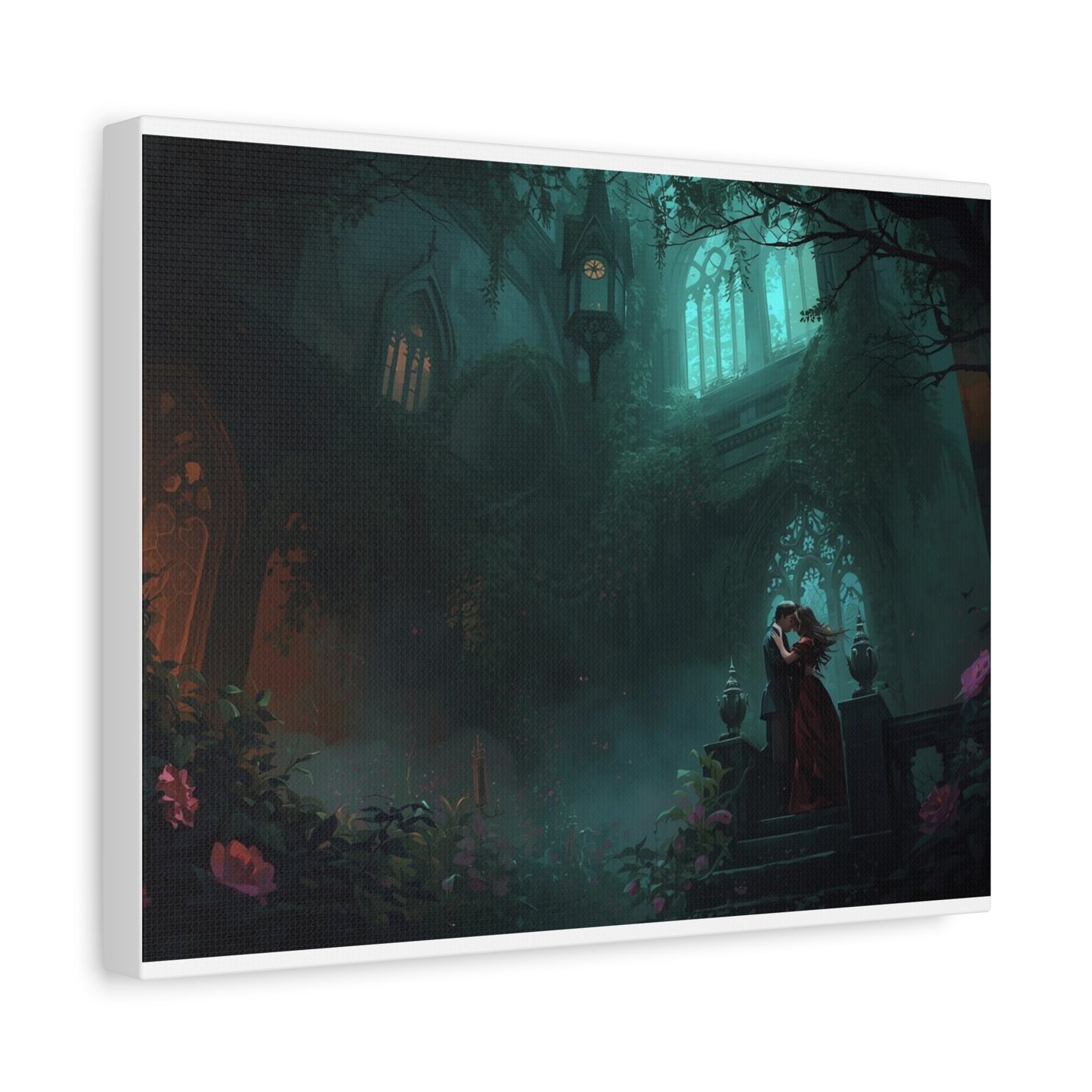 Gothic Romance Matte Canvas Wall Art — Enchanted Ruins with Lovers
