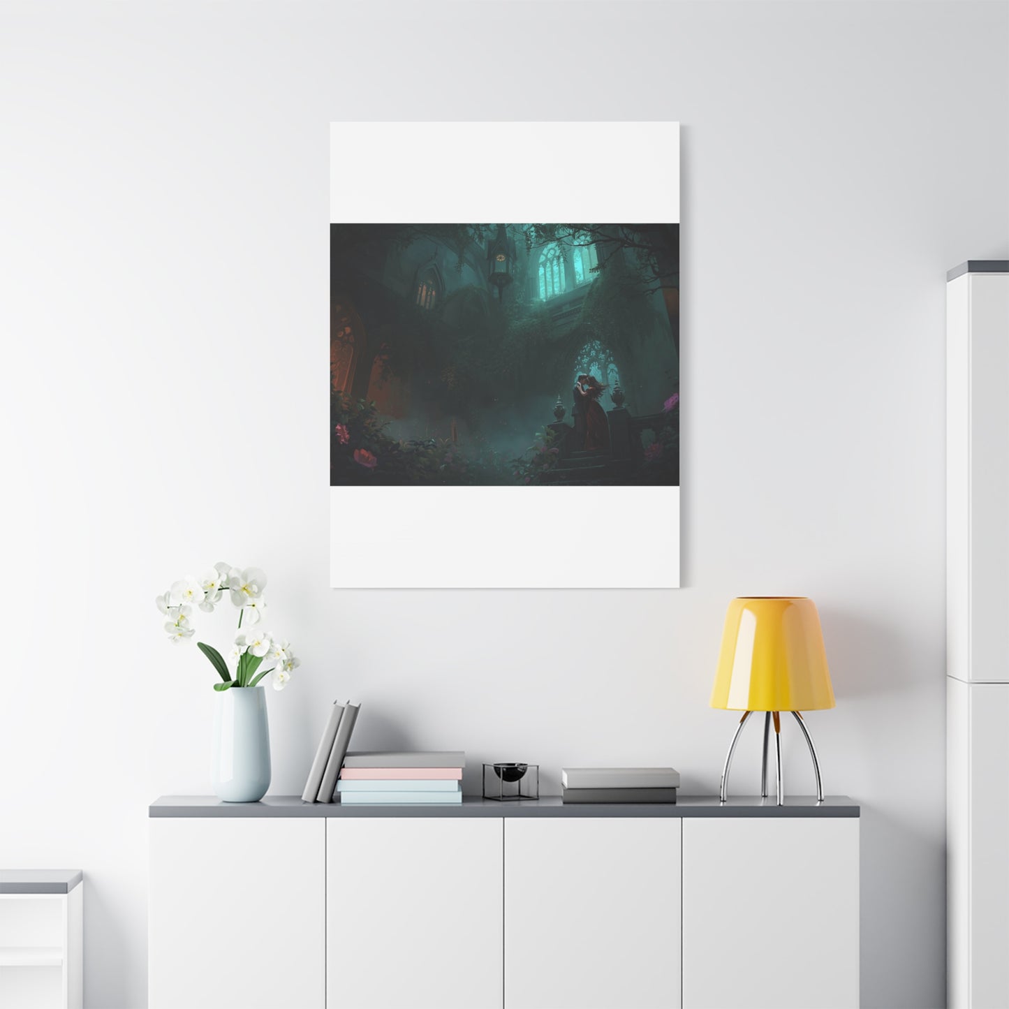 Gothic Romance Matte Canvas Wall Art — Enchanted Ruins with Lovers