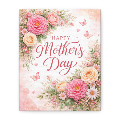 Mother's Day Canvas Wall Art - "Happy Mother's Day" Floral Stretched Matte Print