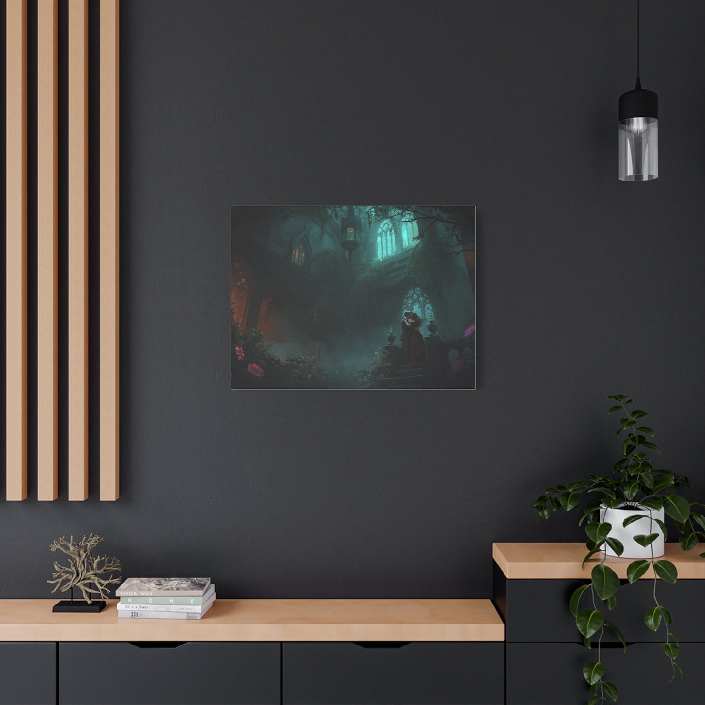 Gothic Romance Matte Canvas Wall Art — Enchanted Ruins with Lovers