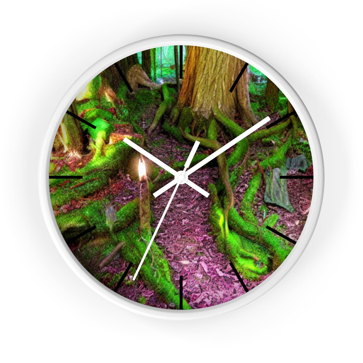 Enchanted Forest Wall Clock — Mossy Tree Roots with Candlelight
