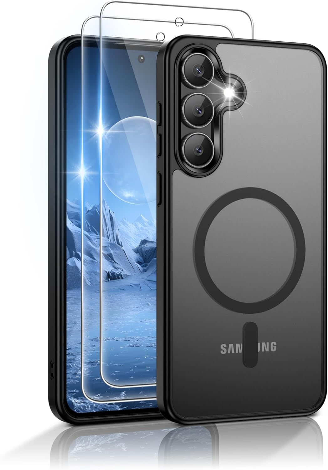 for Samsung Galaxy S24/S25 Case with 2 PCS Screen Protector (Compatible with Magsafe)(Military Grade Drop Protection) Slim Translucent Matte & Anti-Fingerprint Phone Cover for S24/S25,Black