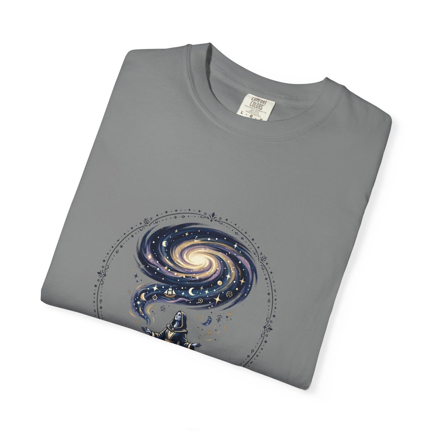 Magic Believe T‑Shirt — Wizard Gazing at Galaxy with "Magic is not about tricks or spells; it's about believing in the impossible" Quote
